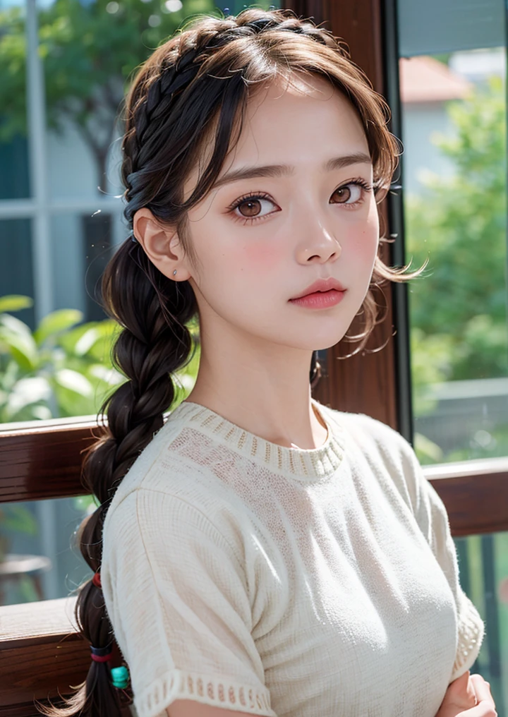 (8k, RAW photo, highly sensitive,  photorealistic:1.25) , kr-pny, twin braids, parted bangs, 1girl, A girl enjoys shopping while looking at the sparkling show window, extremely detailed hair, intricate detail, masterpiece, best quality, 