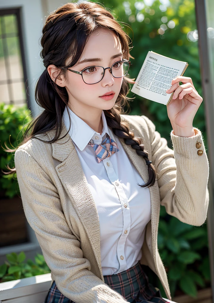 (8k, RAW photo, highly sensitive, best quality, extremely detailed hair, masterpiece, ultra high res,  photorealistic:1.25) kr-pny, thin rimmed glasses, the front, twin braids, parted bangs, 1girl, , dark grey open jacket, dark grey blazer, pleated skirt, plaid skirt, ash blonde hair, huge breasts, gold round eyewear, reading a book, shy and quiet girl, looking afar, holding a book,
