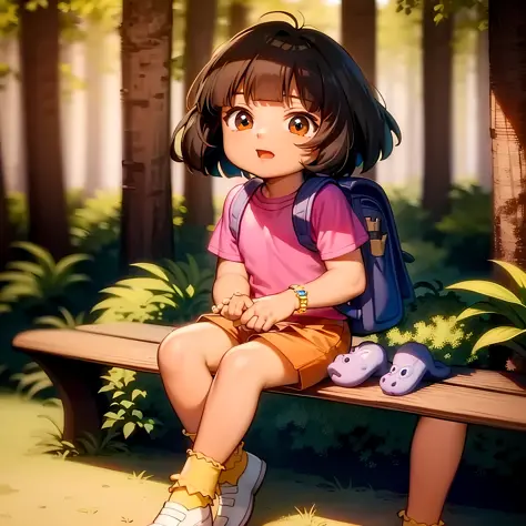 ((masterpiece, best quality)),(complex light), full body, solo, dora, child, <lora:Dora_Explorer1-10:0.9>, pink shirt, shorts, bracelet,backpack, sitting on bench,forest,