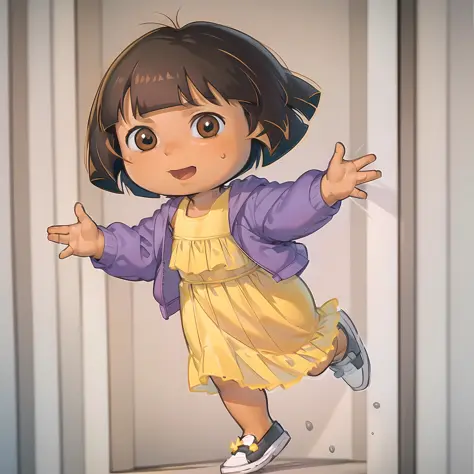 ((masterpiece, best quality)), full body, solo, dora the explorer,  <lora:DoraTheExplorer2:0.9>, brown eyes, black open jacket, yellow dress, flower, dark-skinned female, (tan), bob cut,