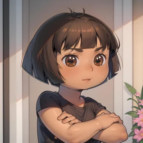 ((masterpiece, best quality)), upper body, solo, dora,  <lora:DoraTheExplorer2:0.8>, brown eyes, flower, dark-skinned female, (tan), bob cut, black shirt, blurry background,