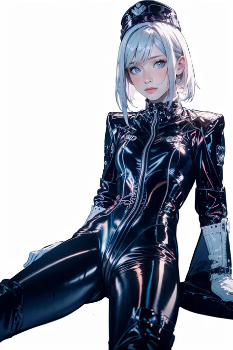 a close up of a person in a black latex outfit