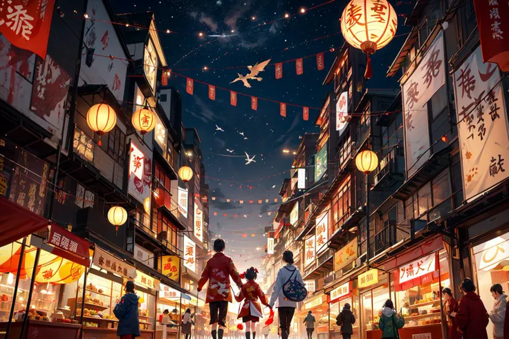 anime characters walking down a street in a city at night