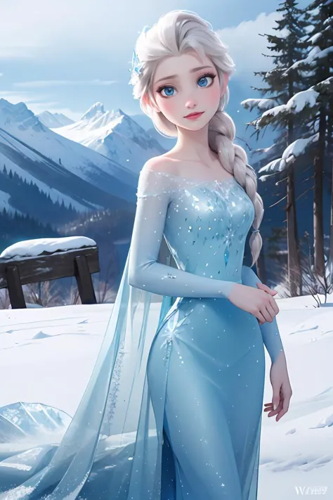 (obra de arte:1.2), (melhor qualidade:1.2), (Alta resolução:1.2), Elsa de Arendelle, blue gelo dress, trança única, (Olhando para o visualizador:1.1), Montanha, neve, gelo,