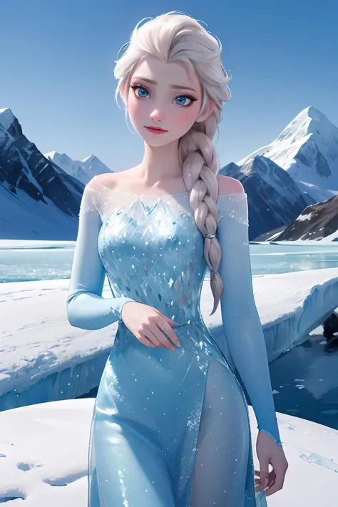 (obra maestra:1.2), (mejor calidad:1.2), (Alta resolución:1.2), elsa de arendelle, blue hielo dress, trenza simple, (mirando al espectador:1.1), montaña, nieve, hielo,