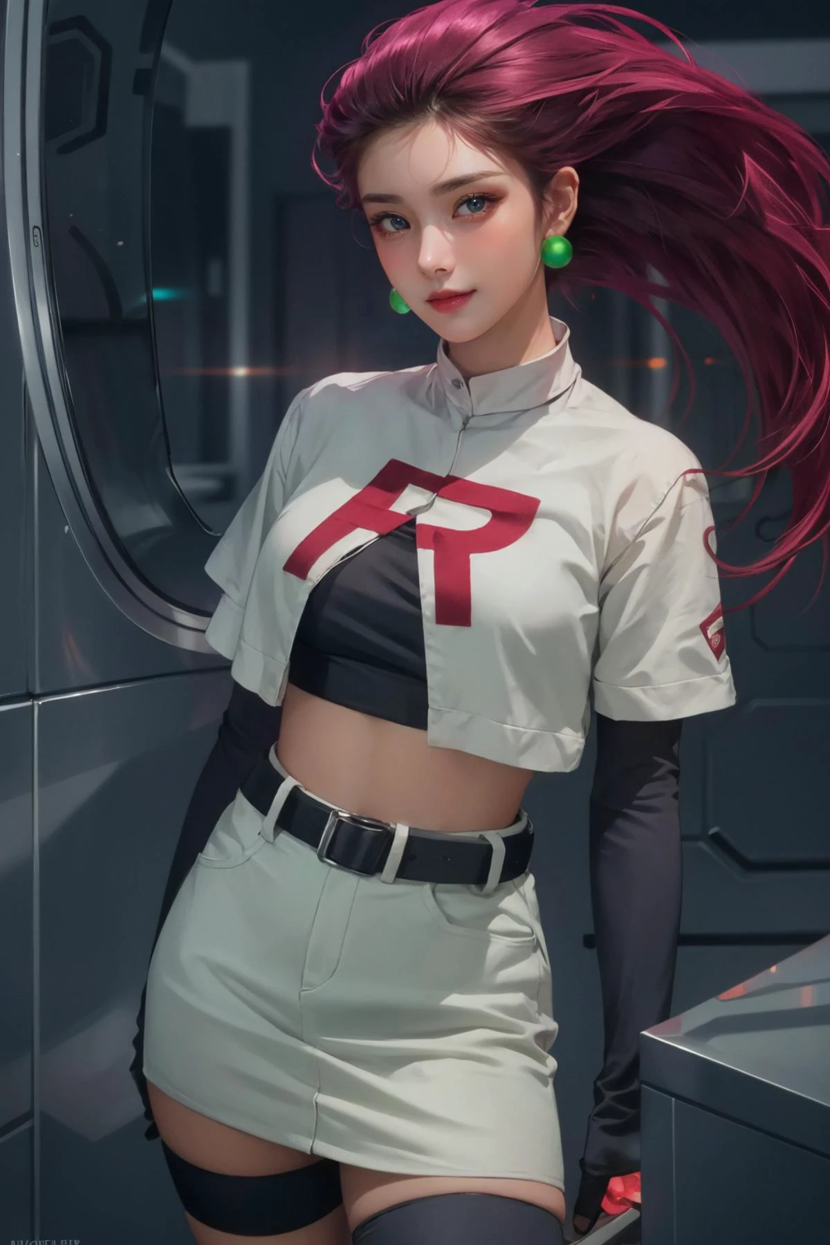 realistic, photorealistic, best quality, masterpiece, ultra high res, finely detailed, quality, realistic lighting, detailed skin, intricate details, raw photo, absurdres, highres, ultra detailed, BREAK, 1girl, solo, looking at viewer, 18 years old, hand of Guido Daniele, (jessie pokemon, team rocket, gloves, hair slicked back, long hair, jewelry, skirt, navel, thighhighs, earrings, elbow gloves, team rocket uniform, crop top, blue eyes, midriff, belt, black gloves, very long hair, black thighhighs, purple hair, white skirt, miniskirt, summer afternoon, rain, spark, thunder, cyberpunk background, high contrast colours, smug expression, grin, cowboy shot, Dynamic Pose, Dynamic Angle, colorful, long eyelashes, complex background, full-face blush, parted lips, solo focus, blush), (beautifu and aesthetic face, detailed face, clean facial features, an extremely delicate and beautiful, beautiful detailed eyes, stars in the eyes, Pink lips, Glowing Eyes, perfect face, detailed pupils, Makeup:1.1), (nice hands, sexy, slim, large breasts, skinny, narrow waist, human anatomy:1.1), (detailed light, beautiful detailed glow, detailed background:1.1), (reflection, refraction, Rembrandt lighting, diffuse lighting, radiosity, photon mapping, subsurface scattering, dynamic lighting, Multi-exposure HDR capture, Screen Space Global Illumination, Ray Tracing, Lumen Reflections, Tone Mapping, volumetric lighting, Circular polarizer, broad lighting, dramatic lighting:1.1), BREAK, explosive light and shadow, sharp focus, film grain, rim lighting, two tone lighting, rim light, Overdetailed art, official art, beautiful and aesthetic, beautiful, elegant, vivid colours, warm tone, soft light, delicate, Ultrarealistic, Detailed illustration, extremely detailed CG Unity 8k wallpaper, PBR Texturing, huge filesize, 8k uhd, octane render, unreal engine 5, BREAK, 