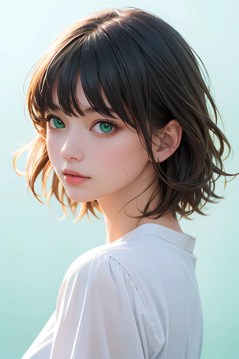 MEDIUM SHOT,high quality,masterpiece,(realistic, photo-realistic:1.2),high definition,ultra detailed,raw photo,depth of field,1girl,green eyes,medium hair,bangs,portrait,upper body,shoulder,shirt,simple background,blue background,