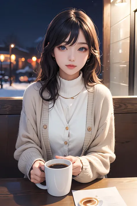 (masterpiece, best quality:1.4),1girl,photorealistic,extremely detailed,beautiful eyes,cardigan,hold coffee mug,in cafe,winter,i...