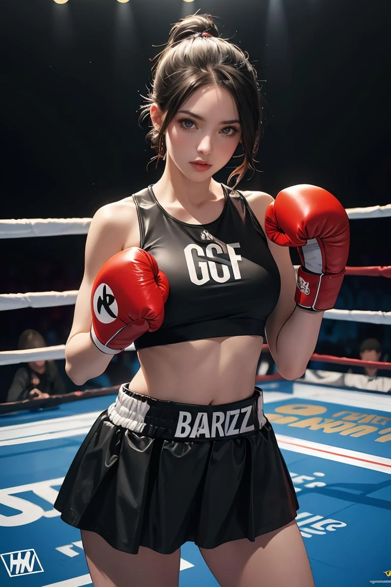cinematic style,realistic,masterpiece,best quality,extremely detailed,absurdres resolution,High quality texture,Cinematic Lighting,stylish_pose,art by David Bailey,(art by Yohann Schepacz:1.3),cute(Female :1.2),Boxing,boxing gloves,wearing Skater skirt and crop top,Sharingan Eyes,Energetic,Remodernism,natural lighting,F/2.8,caustics,