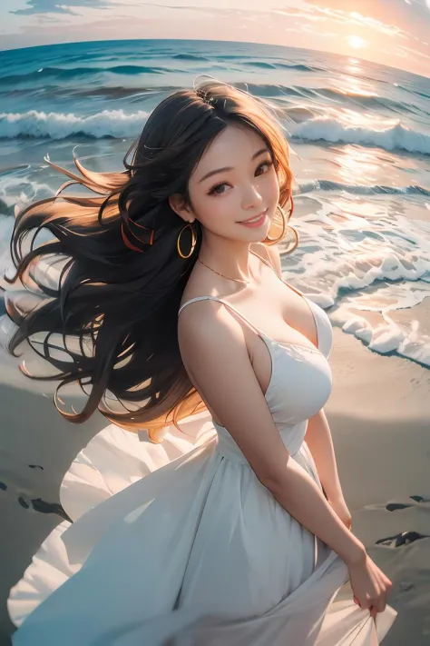 <lora:AudreyHepburn:0.8>,1girl,(fisheye:1.1),sea,wind,messy hair,sunset,beach,(aesthetics and atmosphere:1.2),long hair,orange s...