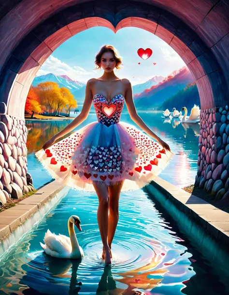 masterpiece,highres,1girl,fashion,romantic aura,love-tunnel,water lake,heart patterned dress,swan_bao<lora:PsycoRetroDystopia_Style:1>,<lora:perfect feet:1>,<lora:Perfect Hands:1>,