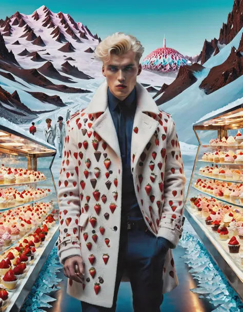 masterpiece,highres,sharp focus,1boy,blonde,makeup,fashion,modelling,ice-cream coat,strawberries,dystopia,surrealism,snowflake,glass,cupcake,chocolate,ice architecture,ice-mountains,PsycoRetroDystopia Style,<lora:PsycoRetroDystopia_Style:1>,<lora:perfect feet:1>,<lora:Perfect Hands:1>,