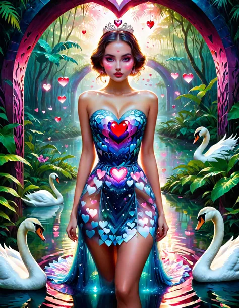 a woman in a dress with swans and hearts in the water