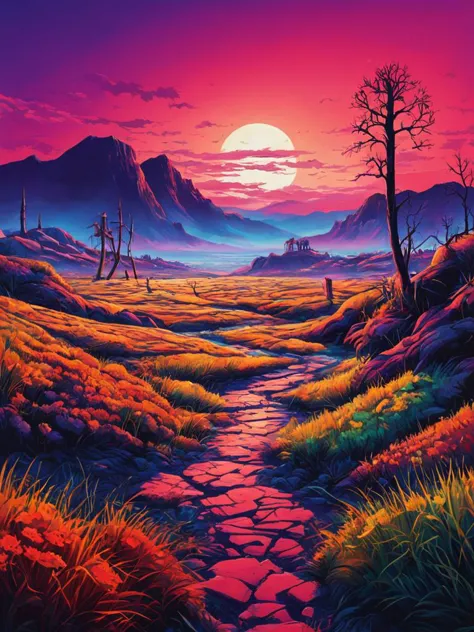 a painting of a sunset scene with a path through the grass