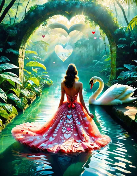 a woman in a pink dress is walking through a pond with swans