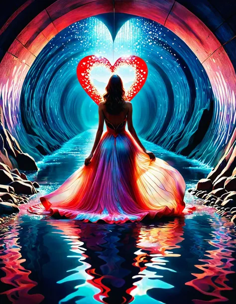 a woman in a long dress is standing in a tunnel with a heart