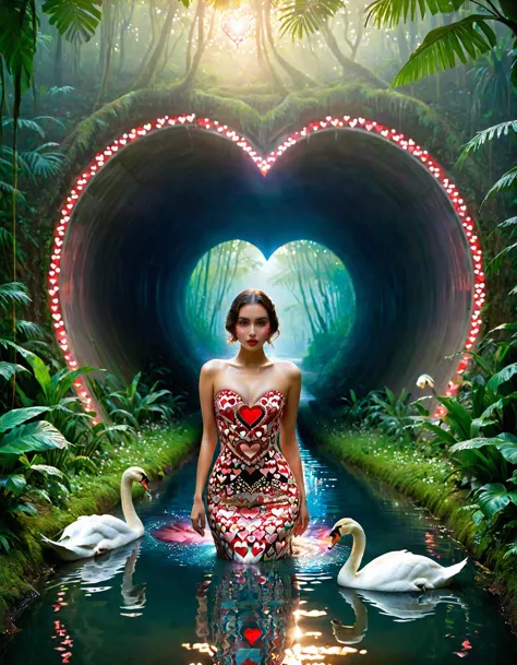 masterpiece,highres,1girl,fashion,romantic aura,love-tunnel:1.5,water lake,heart patterned dress,swans,glitter,foggy,jungle,<lora:PsycoRetroDystopia_Style:1>,<lora:perfect feet:1>,<lora:Perfect Hands:1>,