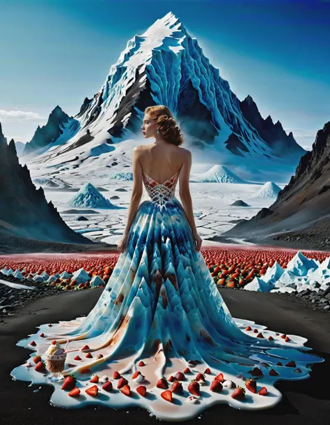 masterpiece,Extremely wonderful beauty,highres,sharp focus,iconic landscape,glossy translucent,ice-cream dress melting,strawberries,dystopia,milk-shake volcan,glossy surfaces,giant ice-cube,sweet,surrealism,snowflake,glass,ice,mountain,iceberg,crystal,mirrors,PsycoRetroDystopia style,<lora:PsycoRetroDystopia_Style:1>,<lora:perfect feet:1>,<lora:Perfect Hands:1>,