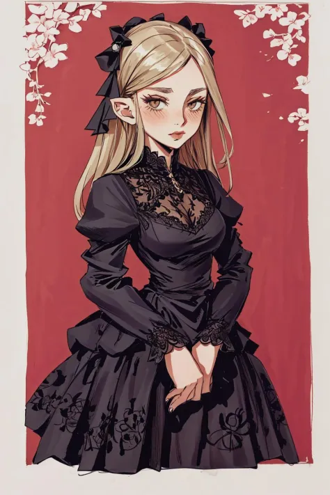 wallpaper, masterpiece, best quality, absurdres, perfect anatomy, cartoon style, dress, fine lace,princess, 1girl,solo,goth, (upper body),
