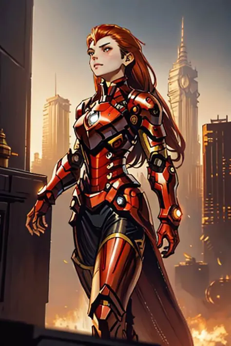 mulher araffed em um terno vermelho posando na cidade, Wojtek FUS, armadura deslumbrante, homem de ferro cyberpunk, Emma Watson como Homem de Ferro, por Jason Chan, como o Homem de Ferro, obra-prima da sociedade cg, inspirado em Marek Okon, cinematic. por Leng Jun, [ tendências na CGSociety ]!!, Alena Aenami e Artgerm, linda armadura