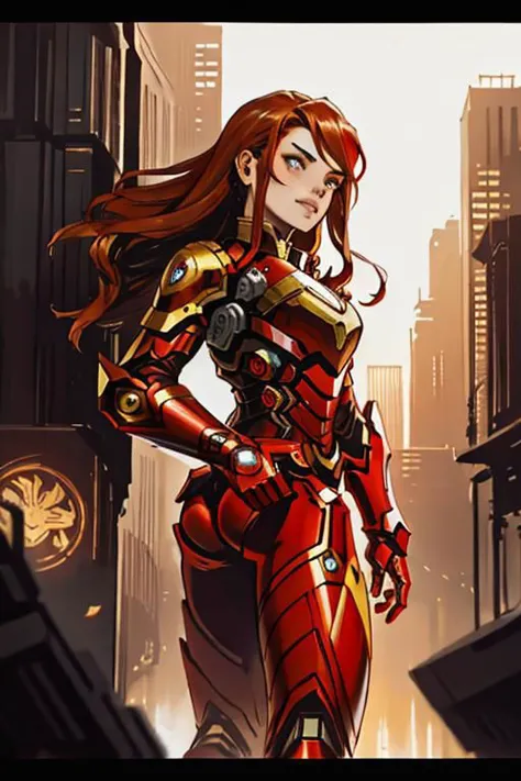 araffed woman in a red suit posing in the city, wojtek fus, stunning armor, cyberpunk iron man, emma watson as iron man, by Jaso...