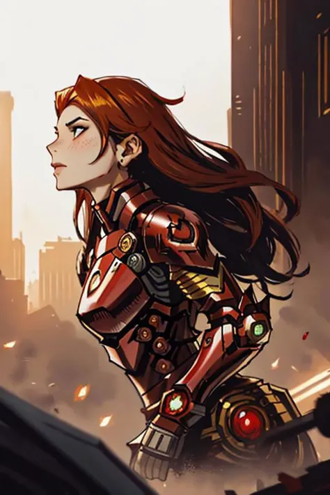 mulher araffed em um terno vermelho posando na cidade, Wojtek FUS, armadura deslumbrante, homem de ferro cyberpunk, Emma Watson como Homem de Ferro, por Jason Chan, como o Homem de Ferro, obra-prima da sociedade cg, inspirado em Marek Okon, cinematic. por Leng Jun, [ tendências na CGSociety ]!!, Alena Aenami e Artgerm, linda armadura