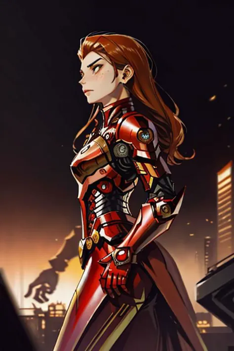 araffed woman in a red suit posing in the city, wojtek fus, stunning armor, cyberpunk iron man, emma watson as iron man, by Jaso...