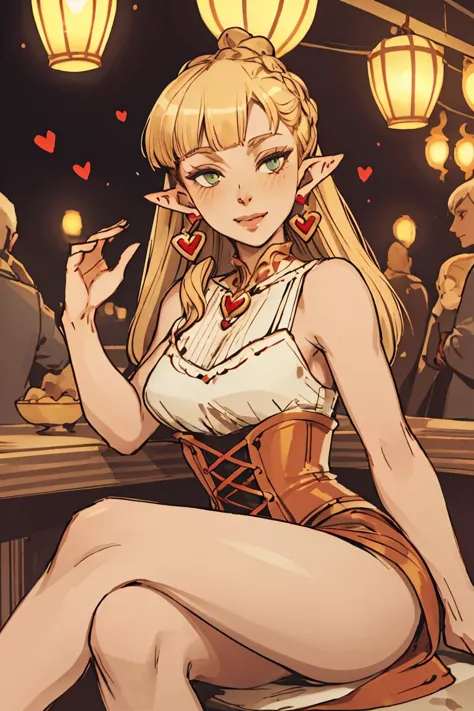 (masterpiece, best quality), female fifty-something, graceful, sub-saharan african, emerald eyes, normal ears, fleshy nose,   sunken cheeks,  heart face shape with pointed chin,    , honey blonde blunt bangs hair, amusement wearing midi dress, corset, ballet flats, , sitting pose with legs spread, sitting with legs slightly spread, showcasing confidence and allure, firelight, the flickering glow of a fireplace, bringing intimacy and warmth to the setting, a lively street fair, with food stalls, live music, and laughter