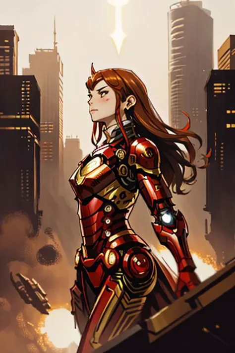 araffed woman in a red suit posing in the city, wojtek fus, stunning armor, cyberpunk iron man, emma watson as iron man, by Jaso...