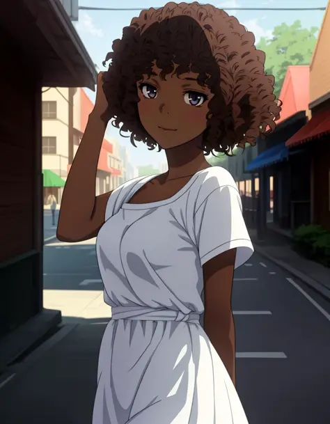 <lora:LRHP:0.95>, (LRHP), 1girl, solo, standing, anime style, dark skin, curly brown hair, beautiful lighting, happy, on a sidew...