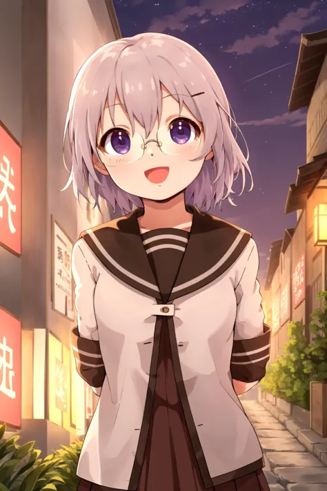 anime girl in uniform standing in a street with buildings in the background