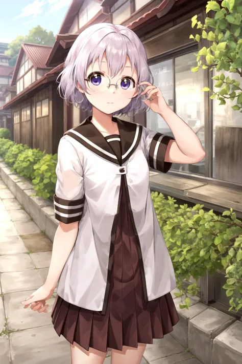 anime girl in a school uniform standing on a sidewalk