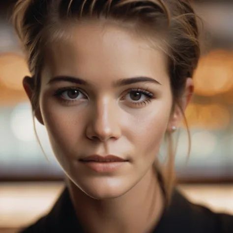 a close up of a woman with a black shirt and a tie