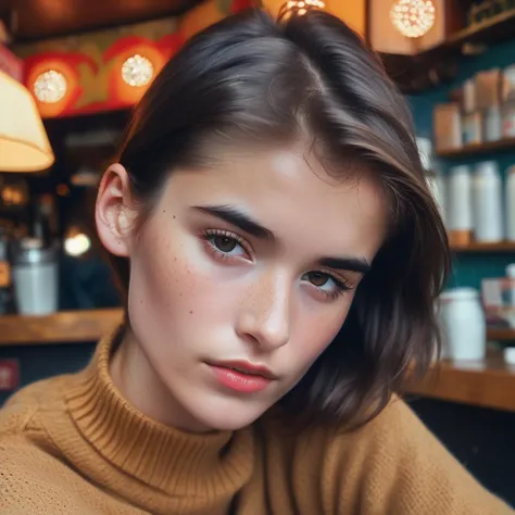 a close up of a woman sitting at a table with a cell phone