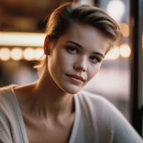 a close up of a woman looking out a window with a light on