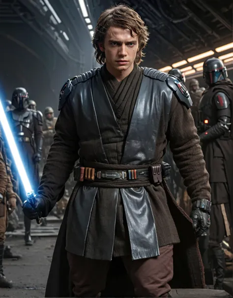 (gros plan extrême 1.5) Portrait hyperréaliste d'Anakin Skywalker Jedi combattant des soldats clones avec un sabre laser bleu, portant une tenue de Clone Wars bleue et rouge, faisant preuve d'un talent acrobatique sur la planète Star Wars futuriste et spectaculaire Coruscant, (((Se battant contre des soldats clones))), pose inspirée de Boris Vallejo, travail au pinceau faisant écho à Carne Griffiths, et une palette de couleurs rappelant Wadim Kashin, placé sous l&#39;éclairage du studio, capturé avec une caméra 5D, en HDR, Résolution 8k, avec une métropole futuriste cyberpunk de style science-fiction Star Wars offrant un décor saisissant, netteté, imprégné d&#39;une esthétique de roman graphique, Cinématique