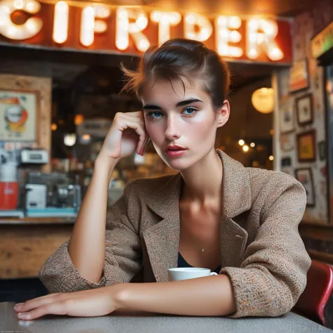 nessa a close up portrait photo of 26 y.o woman, Sassy Undercut Pixie , pale skin, detailed skin, tan, (freckles:.5), sitting, face closeup, 70s clothing, vintage coffee shop, chiaroscuro lighting, eye level, shot onlarge format, Fujicolor Pro, bokeh, in style of Miles Aldridge