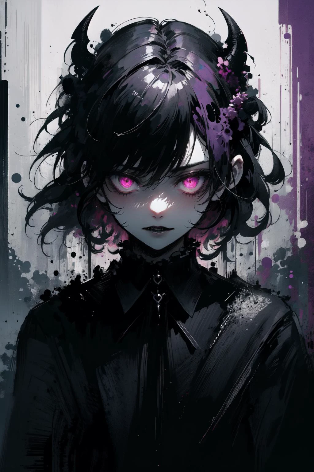 (extremely detailed CG unity 16k wallpaper:1.3),
(nonrepresentational art,vivid color, wide angle, visual kei,very rough strip:1.3),
style of decadent illustrations,meiji art,
pixelated chaos,lith printing,
ultra high res,
horror thehe,scary,
(dark hair,glowing purple eyes,devil,goth,Heavy metal music theme:1.5),
 rain white background, scenery, ink, mountains, water, trees