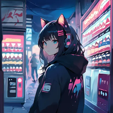 score_9,score_8_up,score_7_up,
LowKeyLights_v2, 1girl,solo,long hair,looking at viewer,bangs,blue eyes,black hair,hair ornament,animal ears,closed mouth,jacket,upper body,outdoors,hairclip,looking back,cat ears,hood,blurry,hoodie,night,blurry background,headphones,hood down,hooded jacket,black hoodie,vending machine,neon lights
 <lora:low-key_lights_v2_pony:0.8>