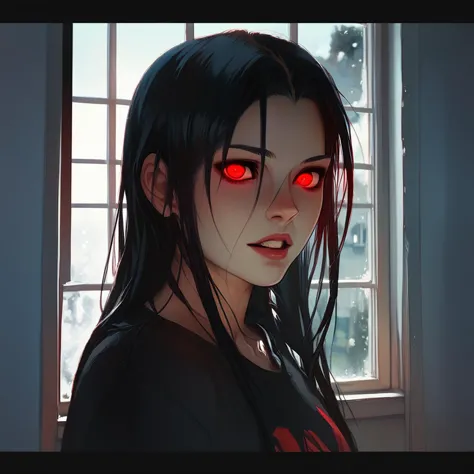 score_9,score_8_up,score_7_up,
lowkeylights_v2, 1girl,solo,long hair,looking at viewer,shirt,black hair,red eyes,parted lips,tee...