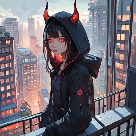 score_9,score_8_up,score_7_up,
LowKeyLights_v2, 1girl,solo,long hair,looking at viewer,bangs,black hair,red eyes,long sleeves,closed mouth,jacket,upper body,outdoors,horns,hood,lips,black jacket,hoodie,glowing,building,scenery,dark red eyes,hooded jacket,hood up,city,railing,cityscape,against railing,dark pupil,eye detail,
, <lora:low-key_lights_v2_pony:0.8>