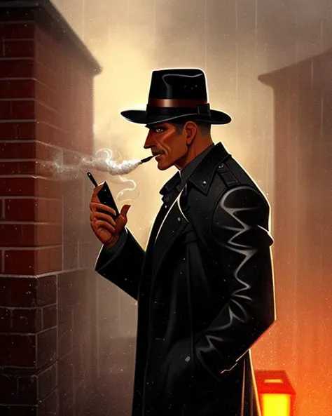 Noir detective, male, leaning on a brick wall in the rain, grizzled, fedora, trenchcoat, raining, side view, smoking a cigar, ho...