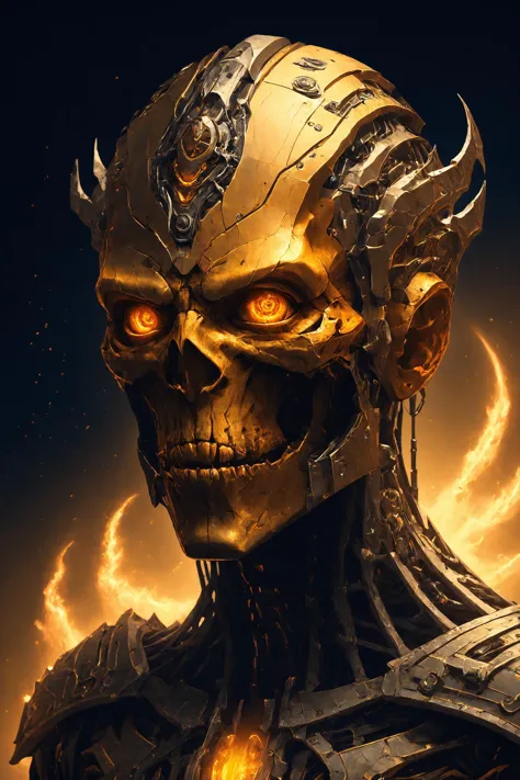 a close up of a skeleton with glowing eyes and a gold helmet