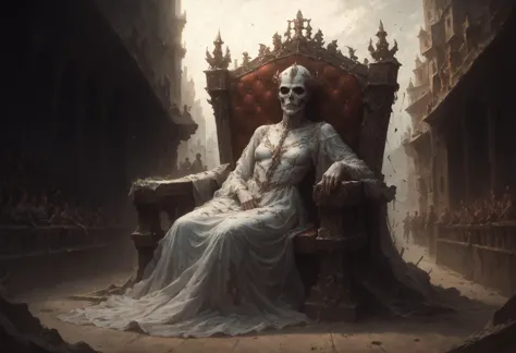 a woman in a white dress sitting on a throne with a skeleton on it