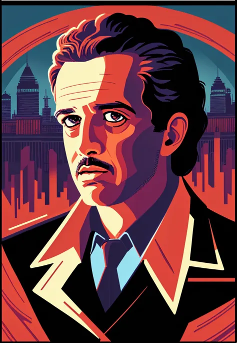 a poster of a man in a suit and tie with a city in the background