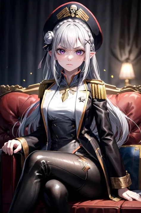 (masterpiece, best quality, detailed), 1girl, solo, looking at viewer, <lora:LoRA_Emilia:0.7>, grey hair, crown braid, white flower, ribbon, pointy ears, purple eyes, braid, rose, flower, hair flower, x hair ornament, bangs, blunt bangs, long hair, white hair, <lora:edgWar40kCommissarv1:0.85>, edgCommissar, millitary uniform, epaulettes, ((artificial eye)), skull emblem, hat, wearing edgCommissar, cockpit, science fiction, (space, spacecraft:0.8), sitting, crossed legs, v-shaped eyebrows, closed mouth, serious, glaring