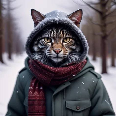 araffe cat in a parka and scarf in the snow