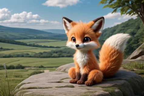 Adorable chibi fox sitting in a scenic countryside, classic anime illustration, fine details, ultra sharpness, realistic, tail_curled_around_feet