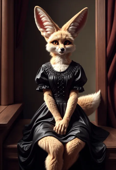 1girl, furry, fennec fox, large ears, gothic dress, sitting_properly, highly detailed, Vintage, 1990s, (smooth_fur)