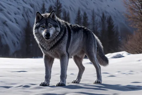 there is a wolf standing in the snow with a mountain in the background